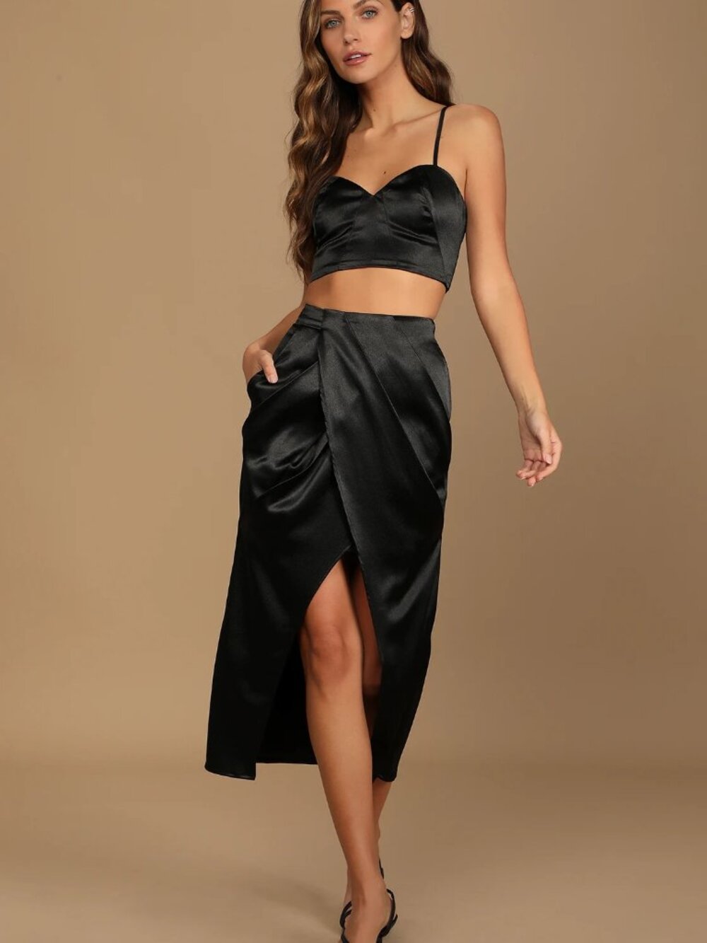 NEW Lulus Captivating Nights Black Satin Two-Piece Top & Skirt, Black, Small